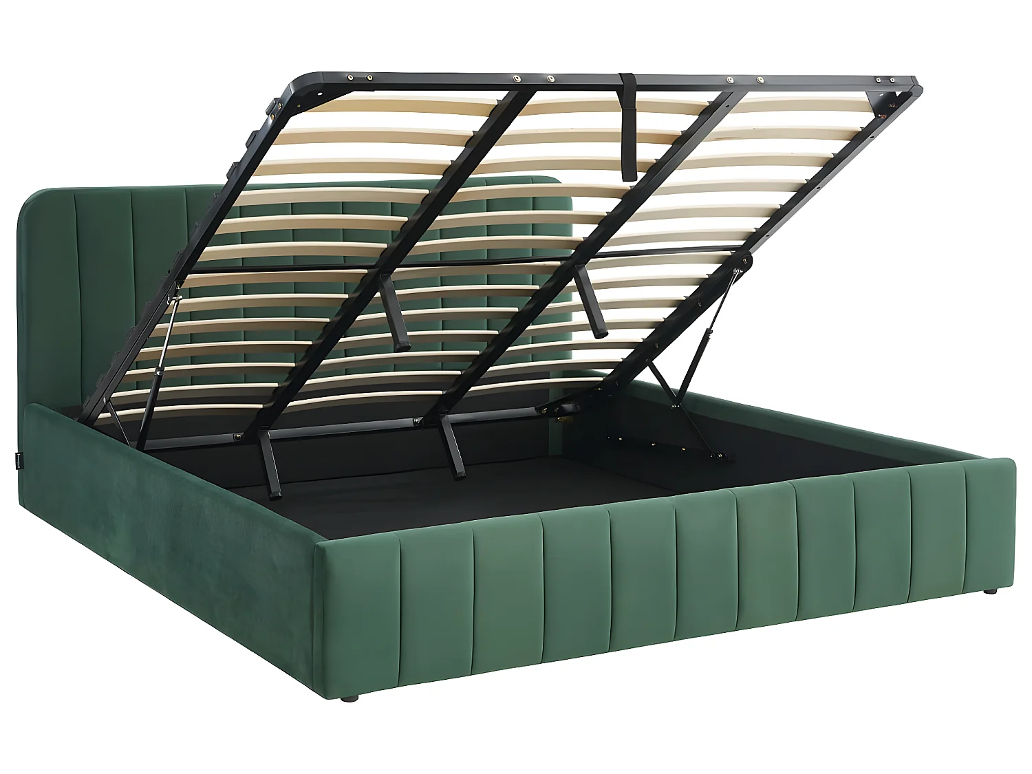 Lit coffre 180x200 cm en velours vert avec tête de lit + sommier relevable à lattes - Ava