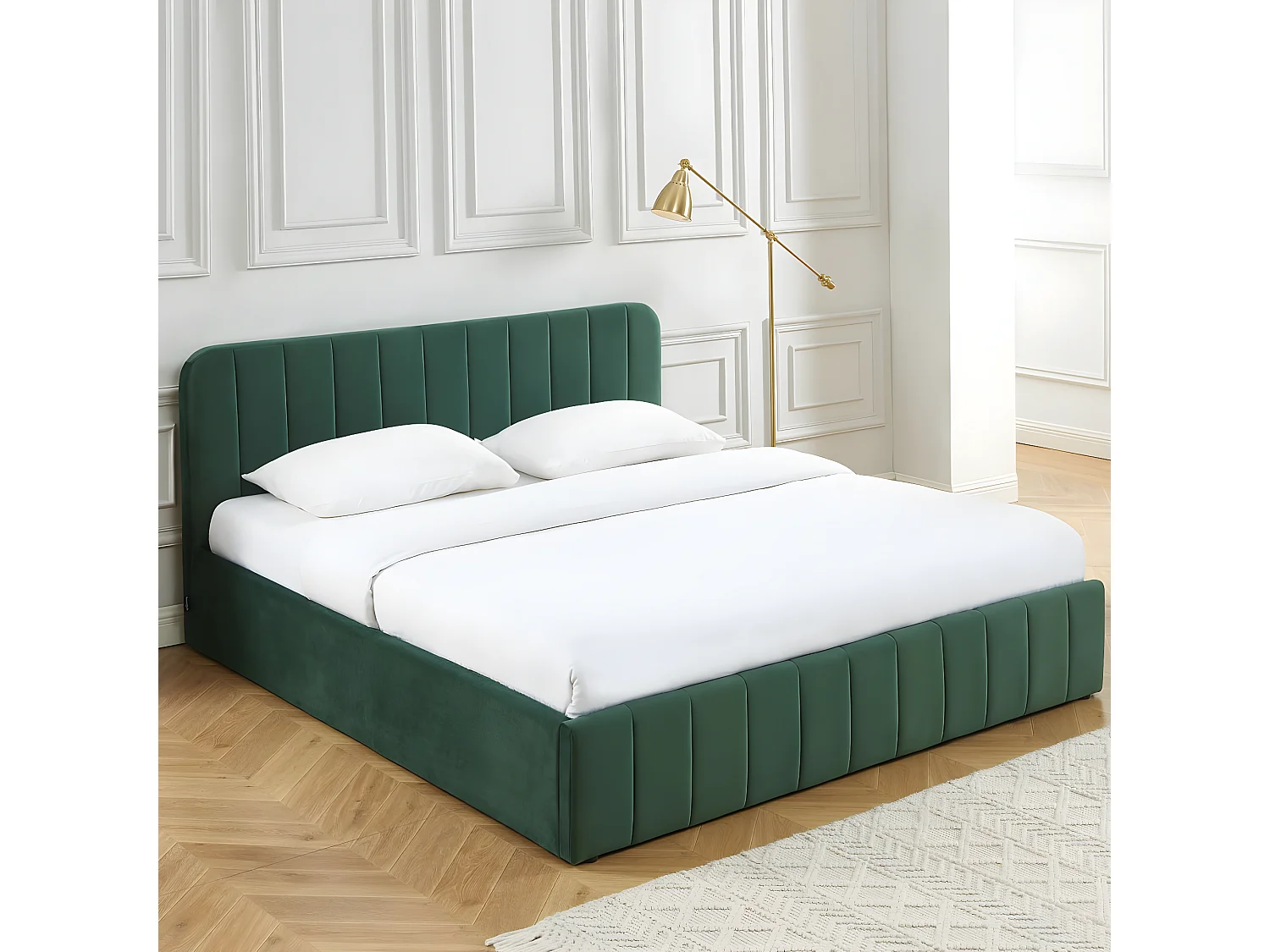 Lit coffre 180x200 cm en velours vert avec tête de lit + sommier relevable à lattes - Ava