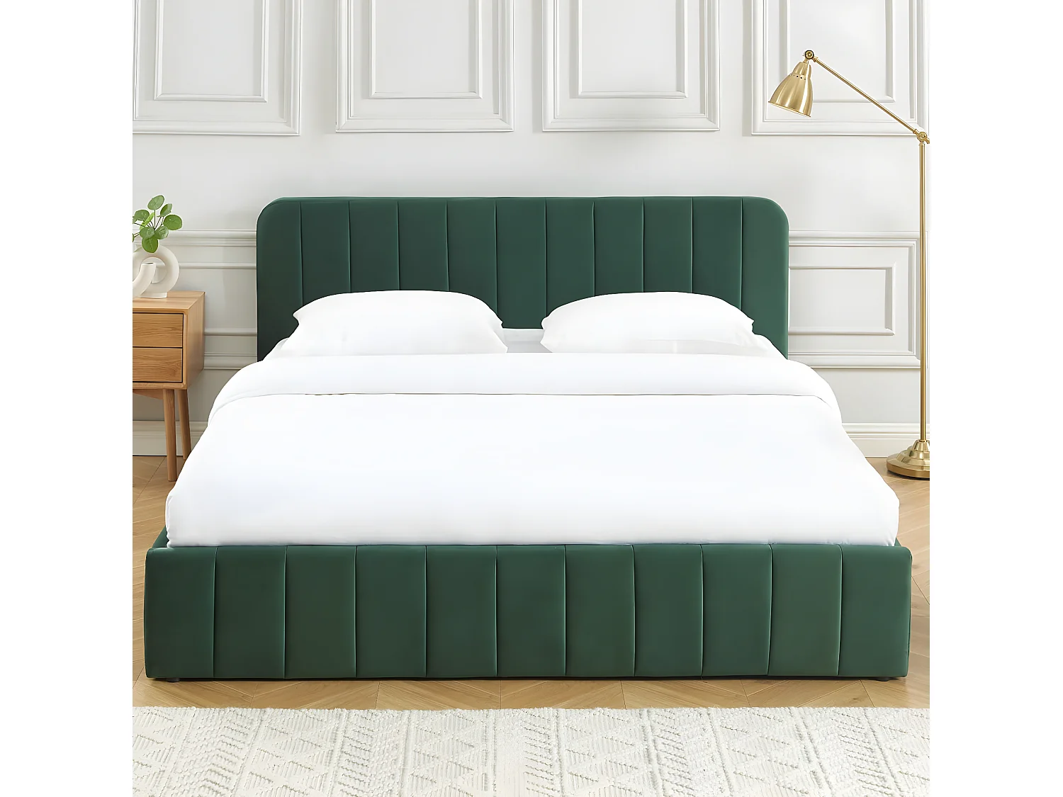 Lit coffre 180x200 cm en velours vert avec tête de lit + sommier relevable à lattes - Ava