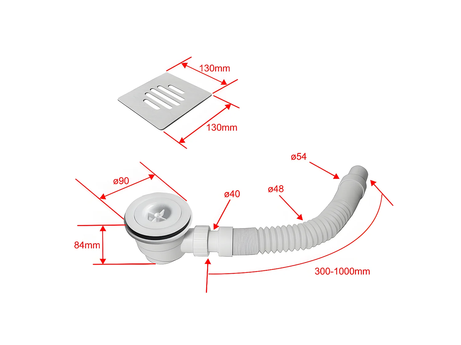 Receveur de douche 120x90cm avec une grille en ABS, bac à douche rectangulaire, Extra-plat, blanc, anti-dérapant