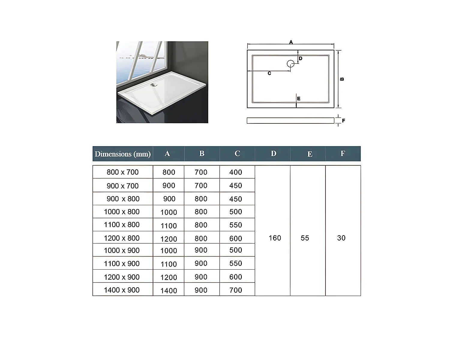 Receveur de douche blanc 90x80x3cm rectangulaire, Extra-plat, gel coat, bac à douche anti-dérapant Modèle Classique
