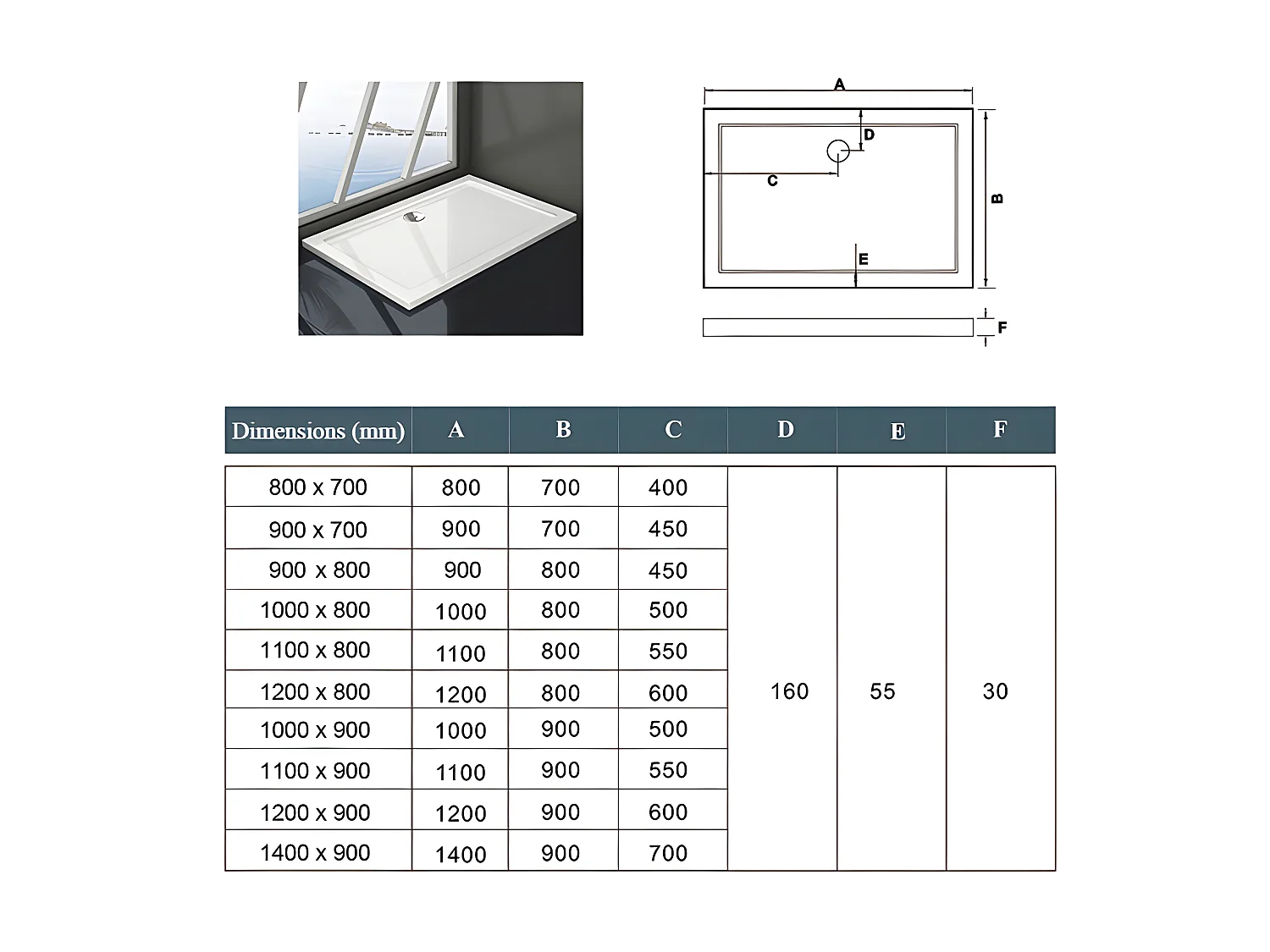Receveur de douche blanc 90x80x3cm rectangulaire, Extra-plat, gel coat, bac à douche anti-dérapant Modèle Classique