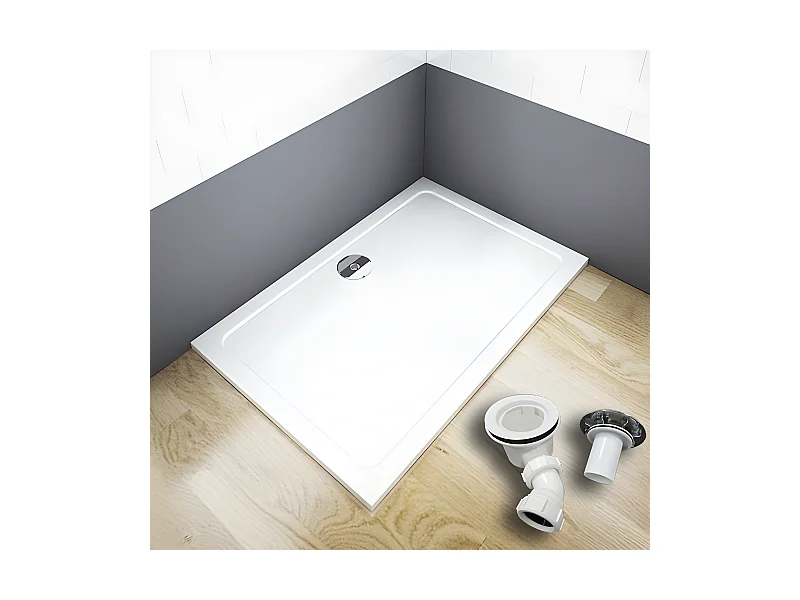 Witte douchebak 100x80x3cm rechthoekig, extra vlak, gelcoat, antislip douchebak met douchebakafvoer en sifon 90cm