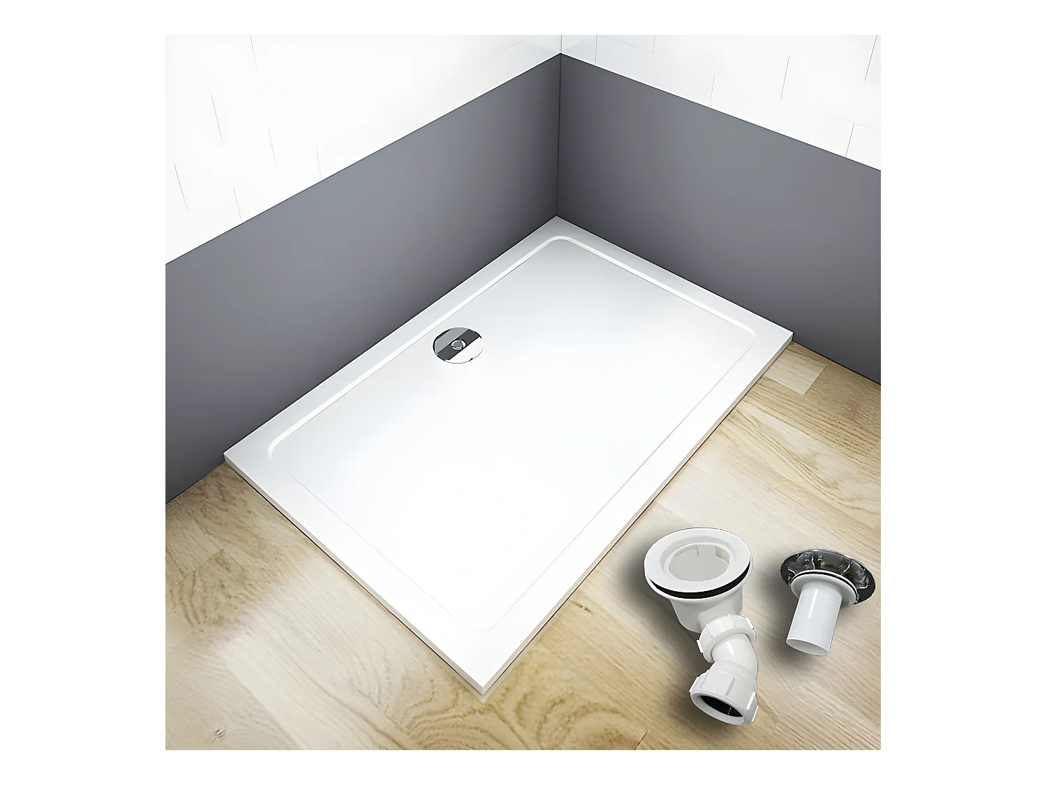 Receveur de douche blanc 110x80x3cm rectangulaire, extra-plat, gel coat, bac à douche anti-dérapant avec bonde de receveur et siphon 90cm