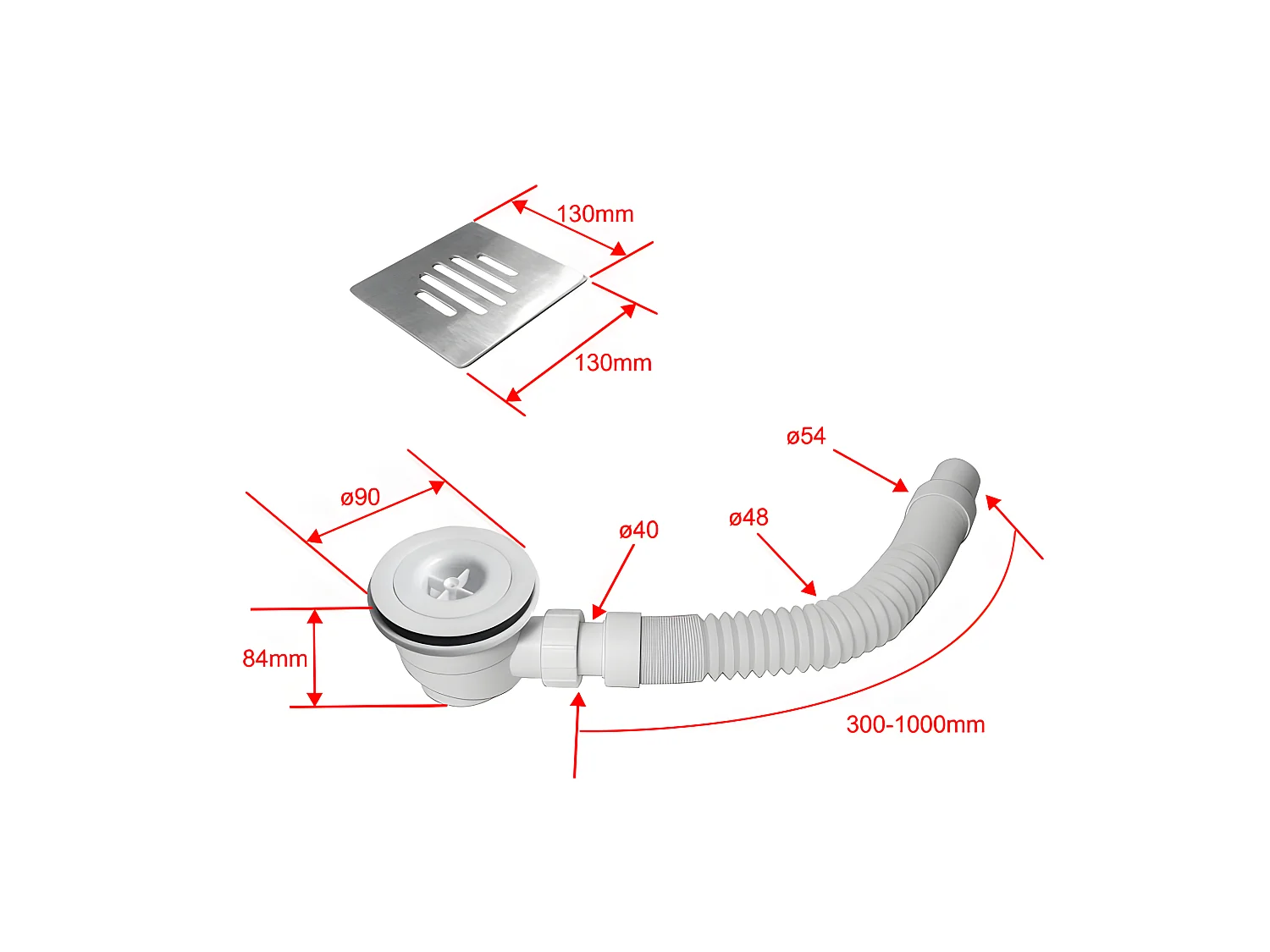 Receveur de douche 140x80cm avec une grille en Inox, bac à douche rectangulaire, Extra-plat, blanc, anti-dérapant