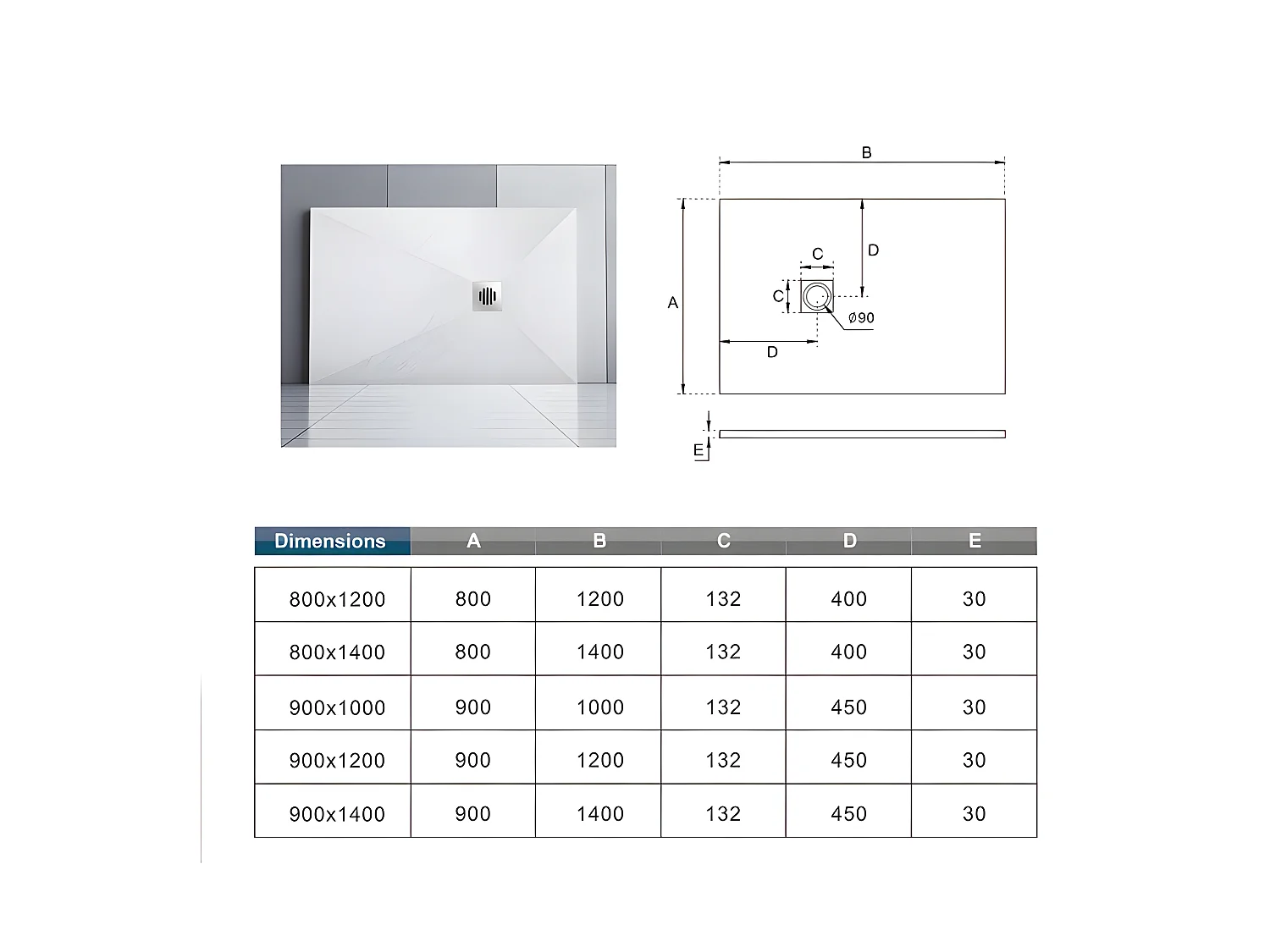 Receveur de douche 140x80cm avec une grille en Inox, bac à douche rectangulaire, Extra-plat, blanc, anti-dérapant