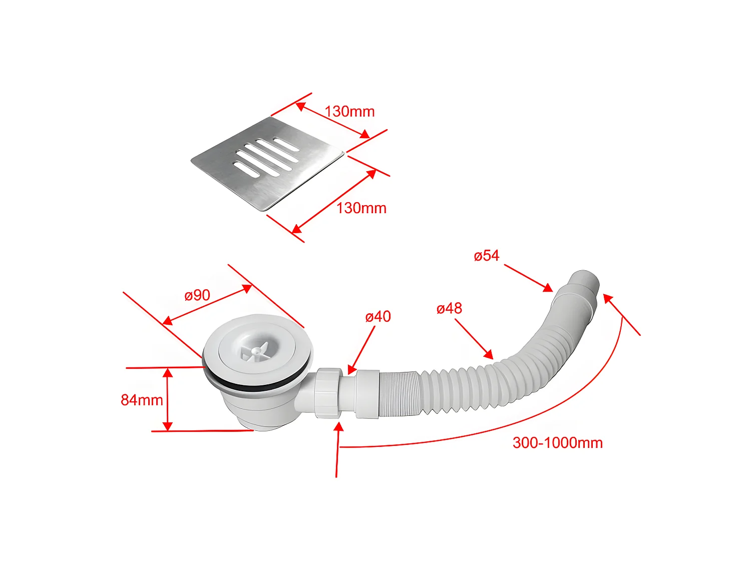 Receveur de douche 140x80cm avec une grille en Inox, bac à douche rectangulaire, Extra-plat, blanc, anti-dérapant