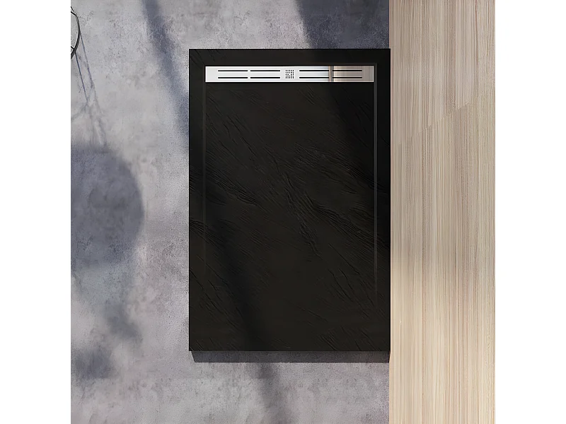 Receveur de douche 160x80cm Extra-plat bac à douche noir, avec grille en inox et bonde de série