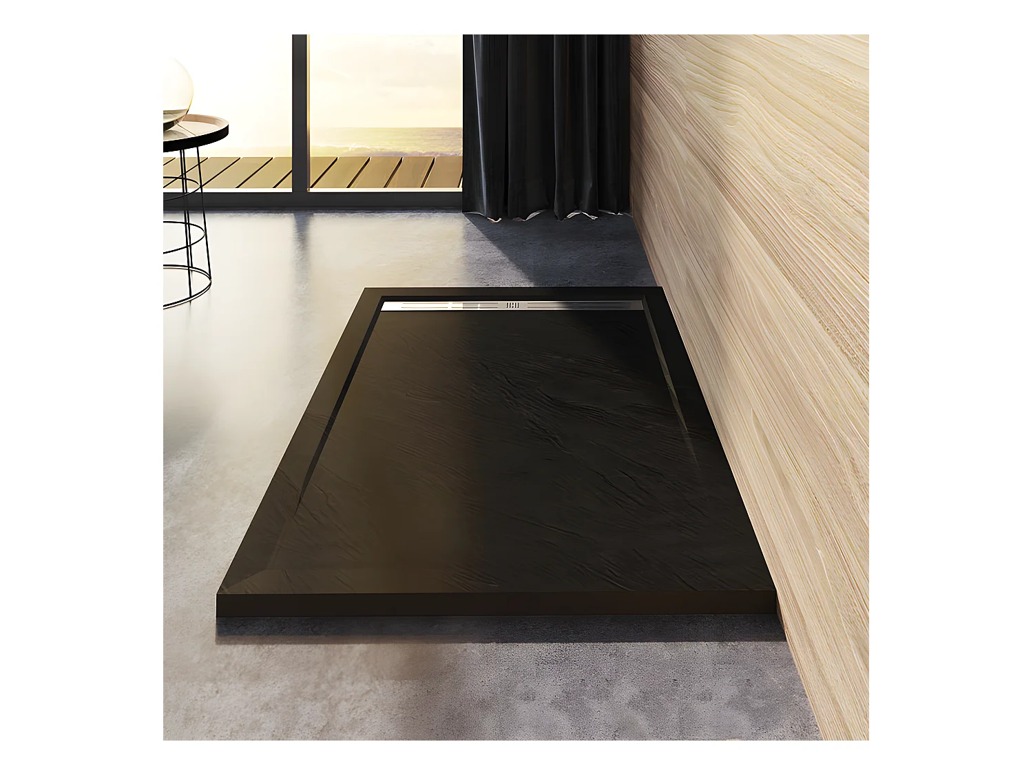 Receveur de douche 160x80cm Extra-plat bac à douche noir, avec grille en inox et bonde de série