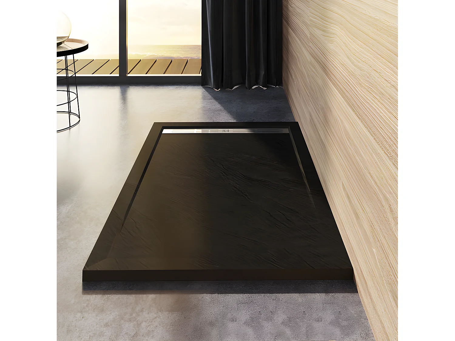 Receveur de douche 120x90cm Extra-plat bac à douche noir, avec grille en inox et bonde de série