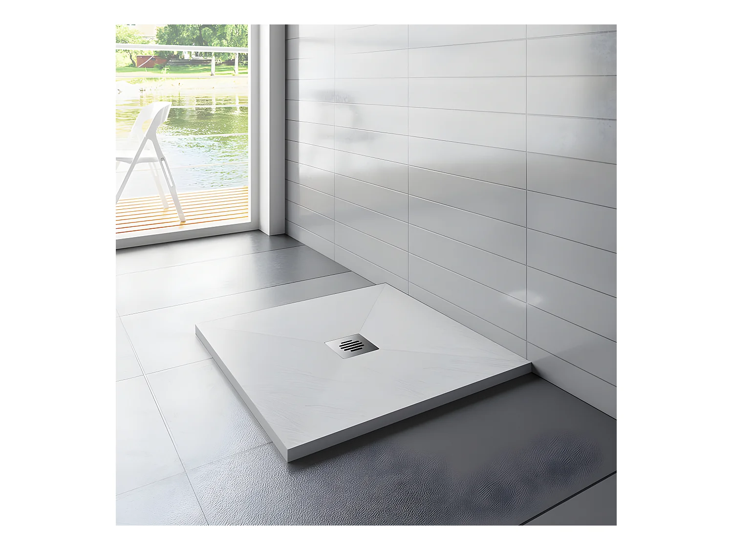 Receveur de douche 90x90cm avec une grille en Inox, bac à douche carré, Extra-plat, blanc, anti-dérapant