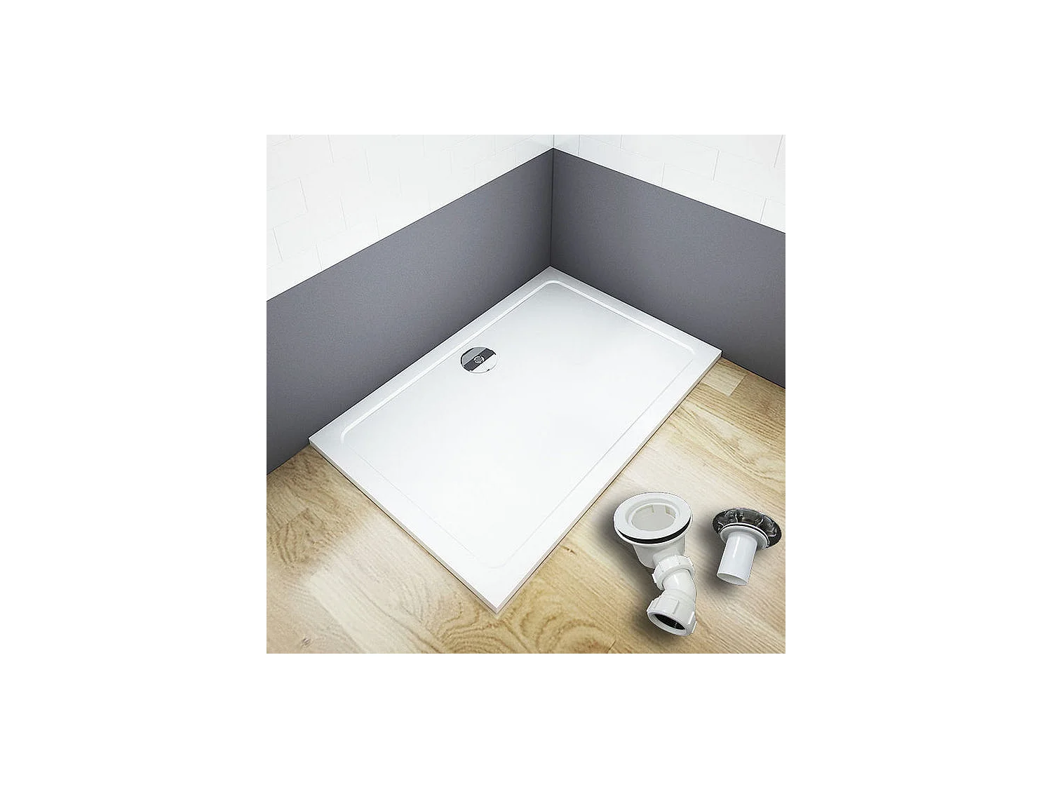 Receveur de douche blanc 80x70x3cm rectangulaire, extra-plat, gel coat, bac à douche anti-dérapant avec bonde de receveur et siphon 90cm