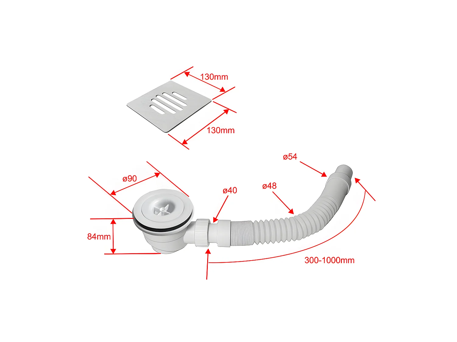 Receveur de douche 80x80cm avec une grille en ABS, bac à douche carré, Extra-plat, blanc, anti-dérapant