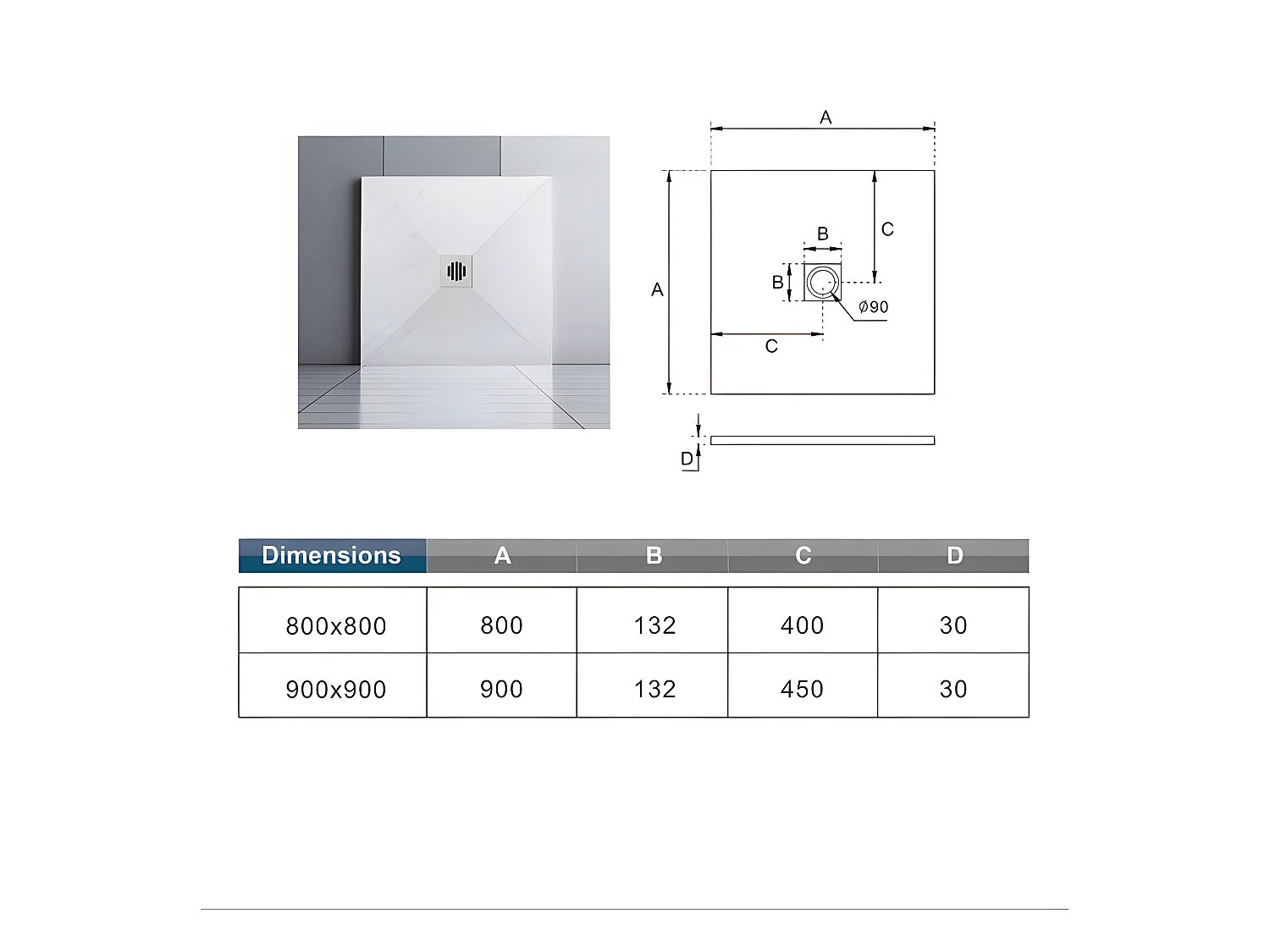 Receveur de douche 80x80cm avec une grille en ABS, bac à douche carré, Extra-plat, blanc, anti-dérapant