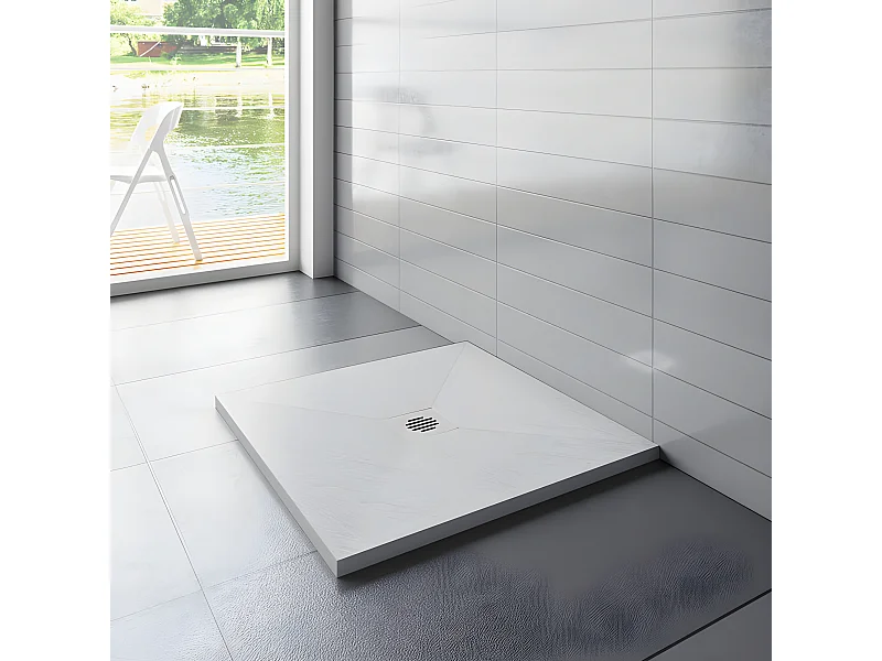 Receveur de douche 80x80cm avec une grille en ABS, bac à douche carré, Extra-plat, blanc, anti-dérapant