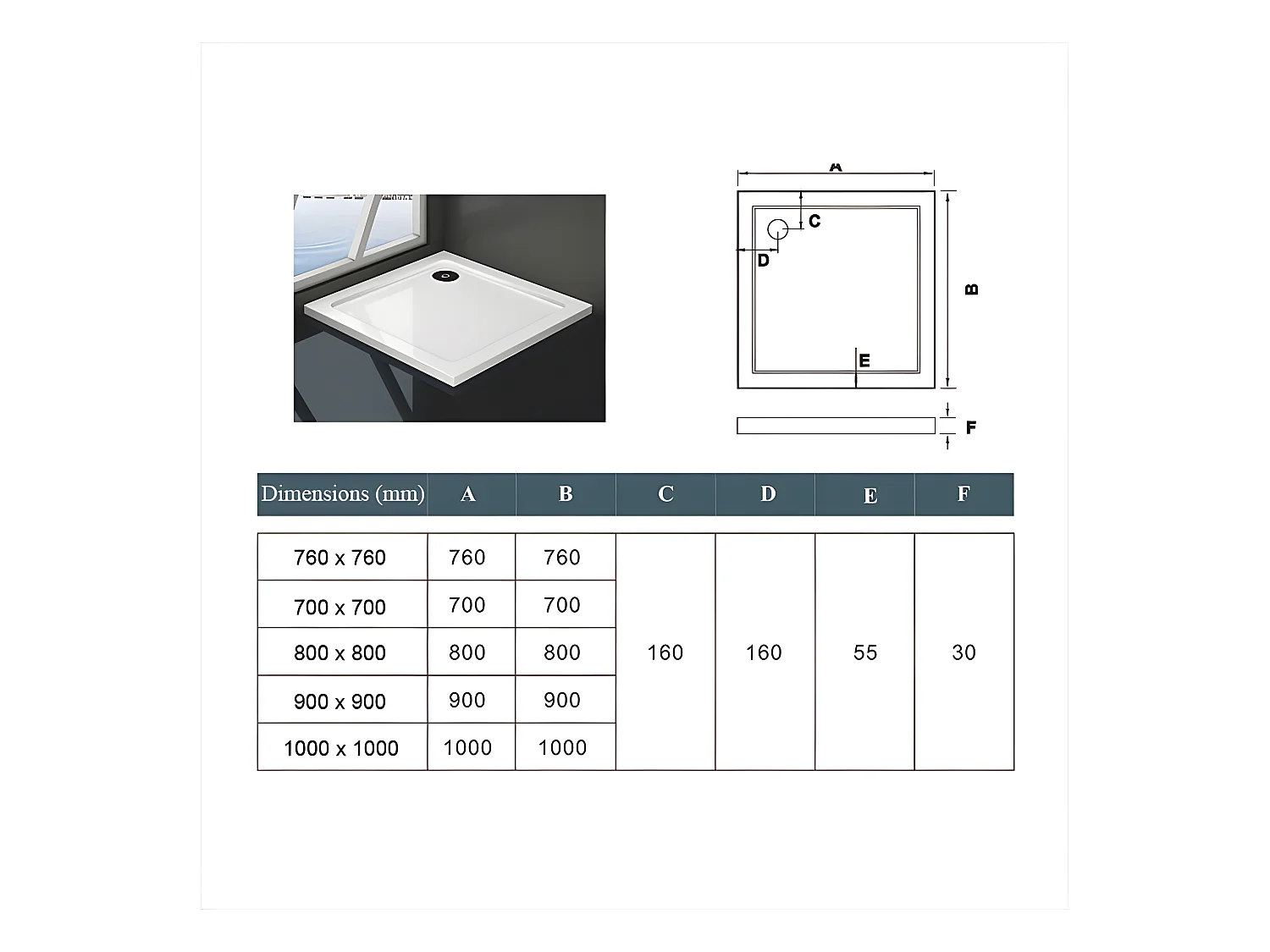 Receveur de douche blanc 90x90x3cm carré, extra-plat, gel coat, bac à douche anti-dérapant avec bonde de receveur et siphon 90cm