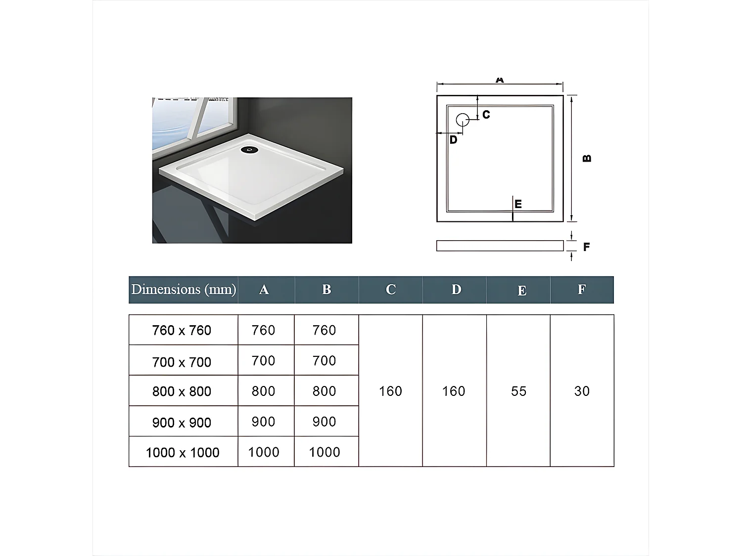 Receveur de douche blanc 90x90x3cm carré, extra-plat, gel coat, bac à douche anti-dérapant avec bonde de receveur et siphon 90cm