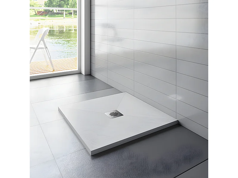 Receveur de douche 80x80cm avec une grille en Inox, bac à douche carré, Extra-plat, blanc, anti-dérapant