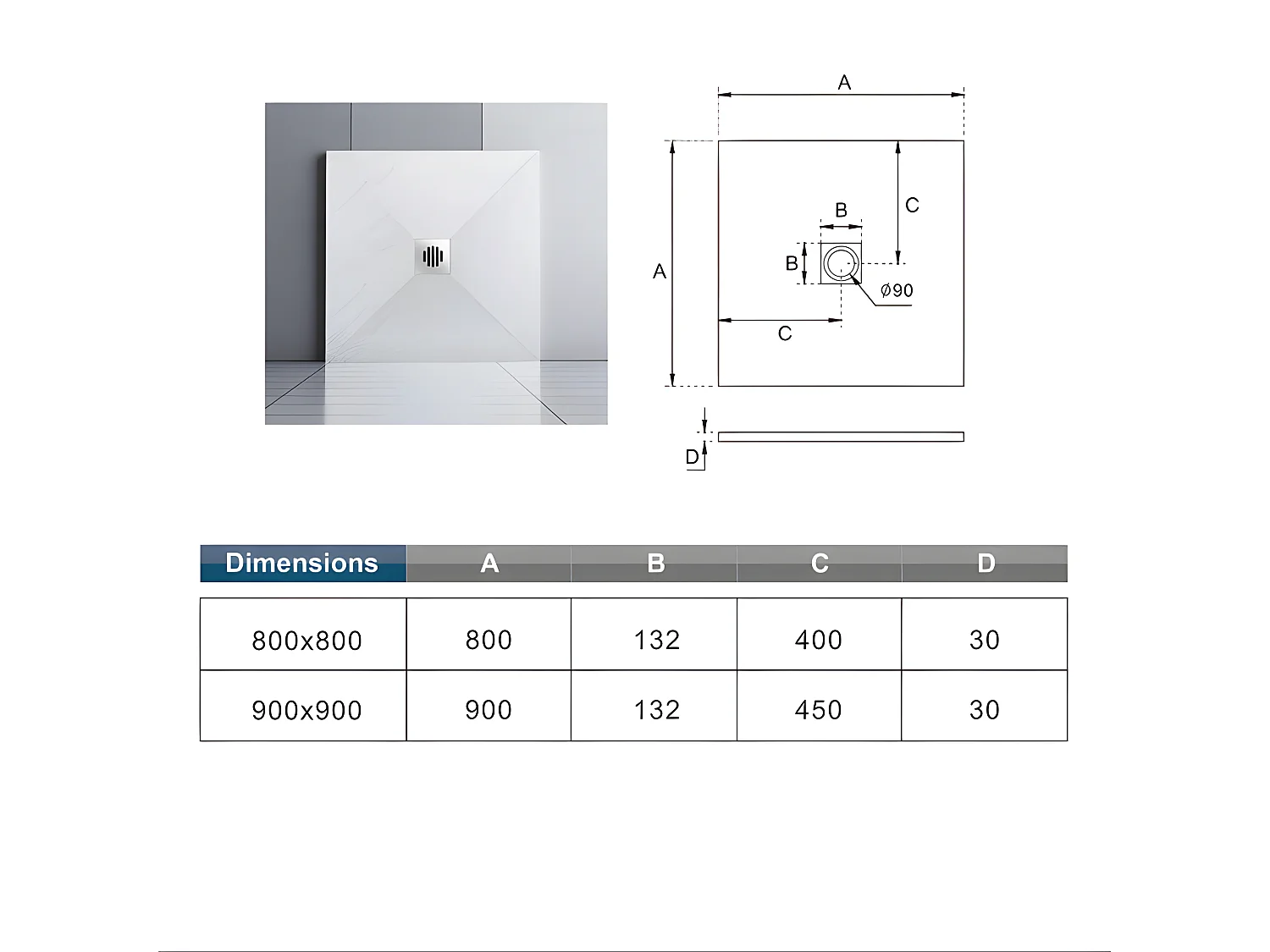 Receveur de douche 80x80cm avec une grille en Inox, bac à douche carré, Extra-plat, blanc, anti-dérapant