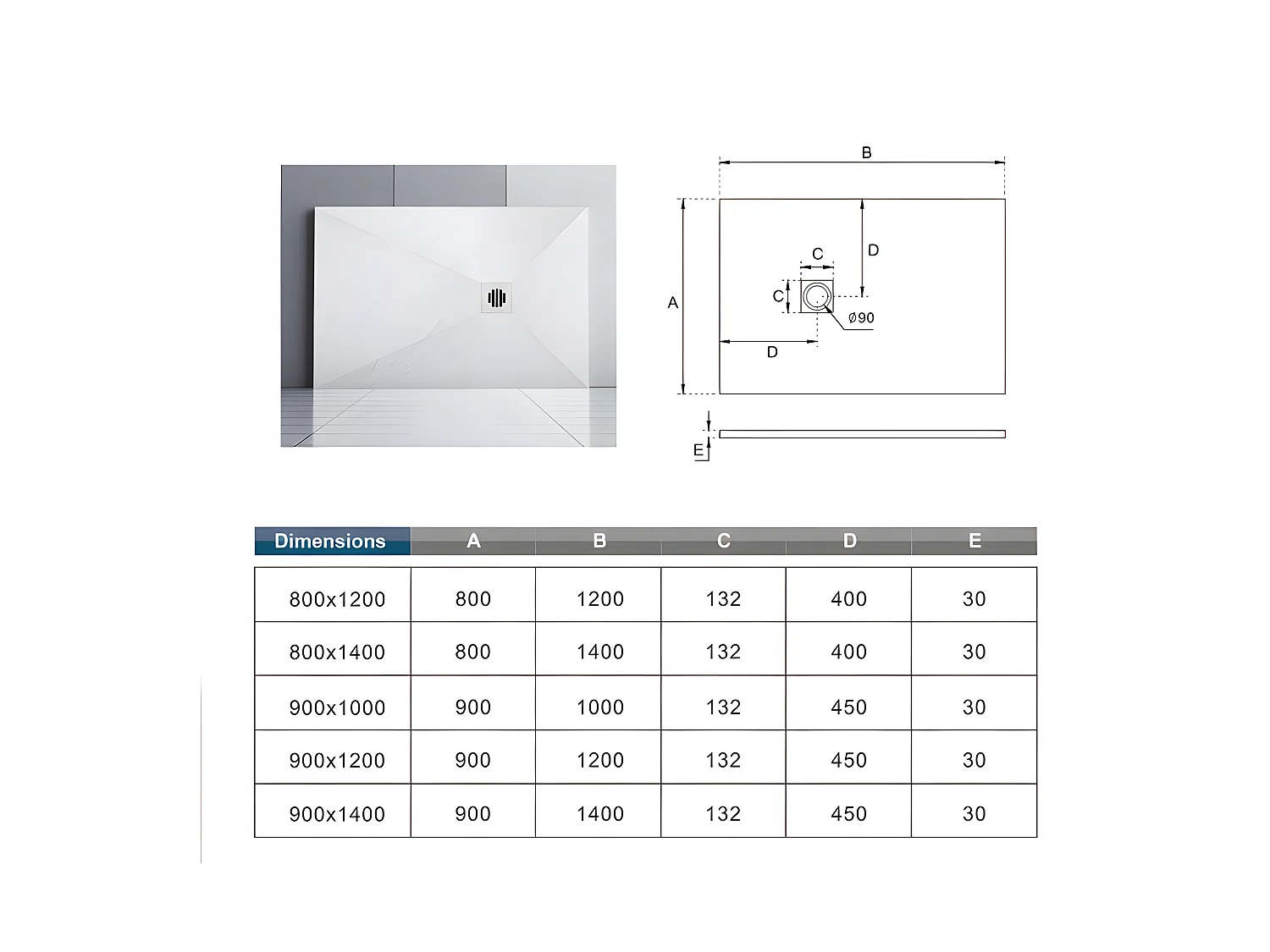Receveur de douche 140x80cm avec une grille en ABS, bac à douche rectangulaire, Extra-plat, blanc, anti-dérapant