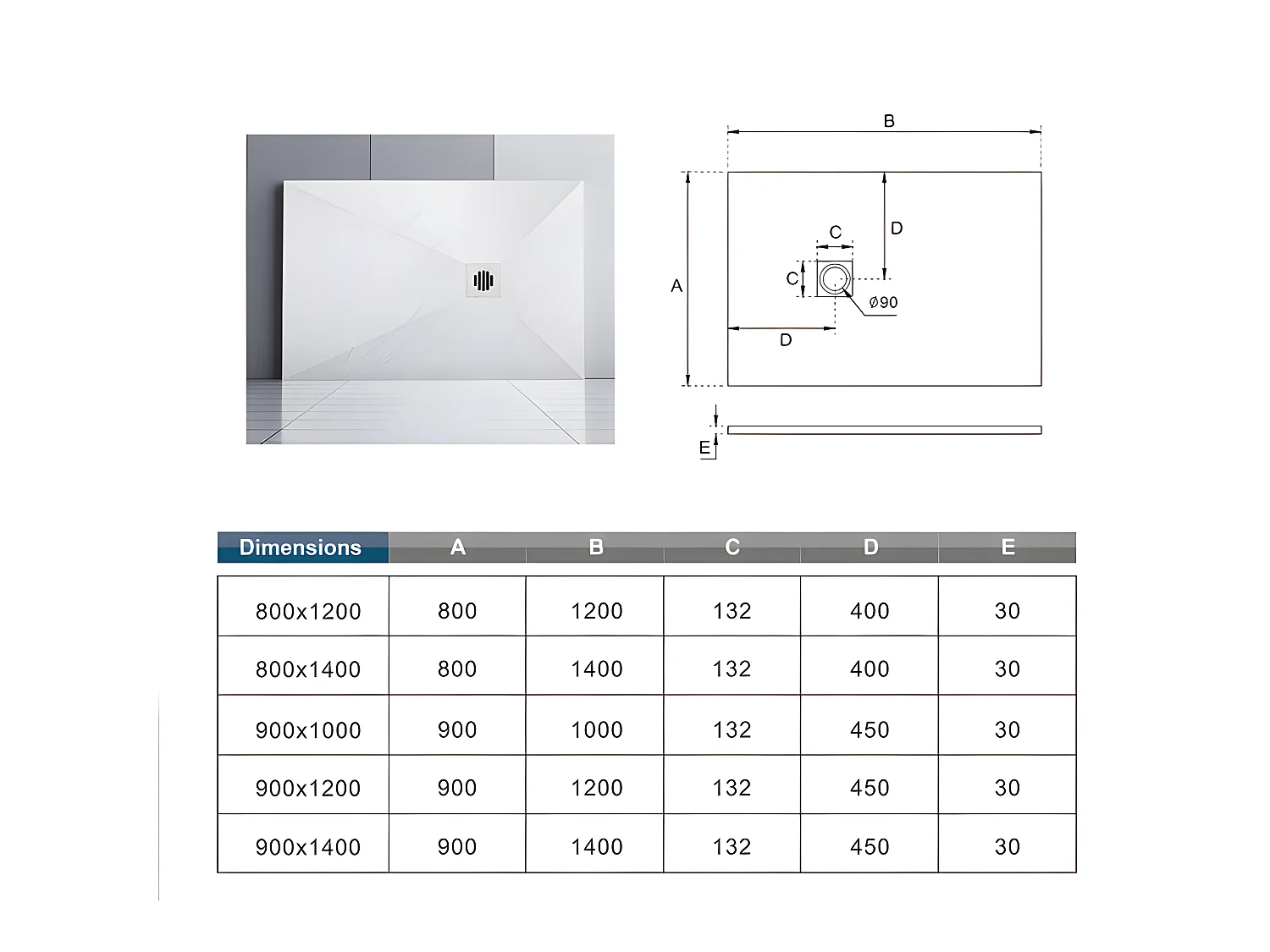 Receveur de douche 100x90cm avec une grille en ABS, bac à douche rectangulaire, Extra-plat, blanc, anti-dérapant