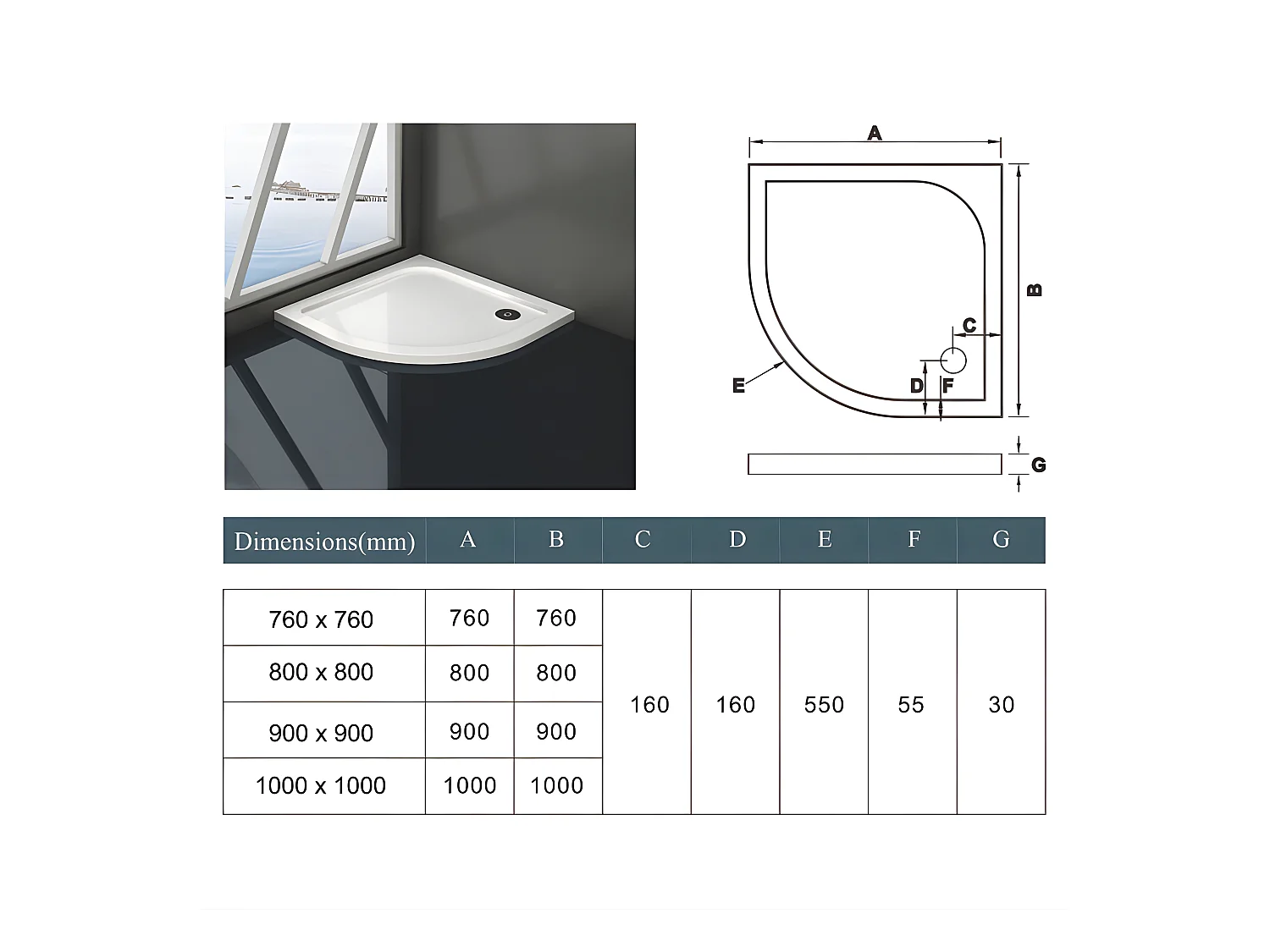 Receveur de douche blanc 80x80x3cm 1/4 de cercle, extra-plat, gel coat, bac à douche anti-dérapant avec bonde de receveur et siphon 90cm