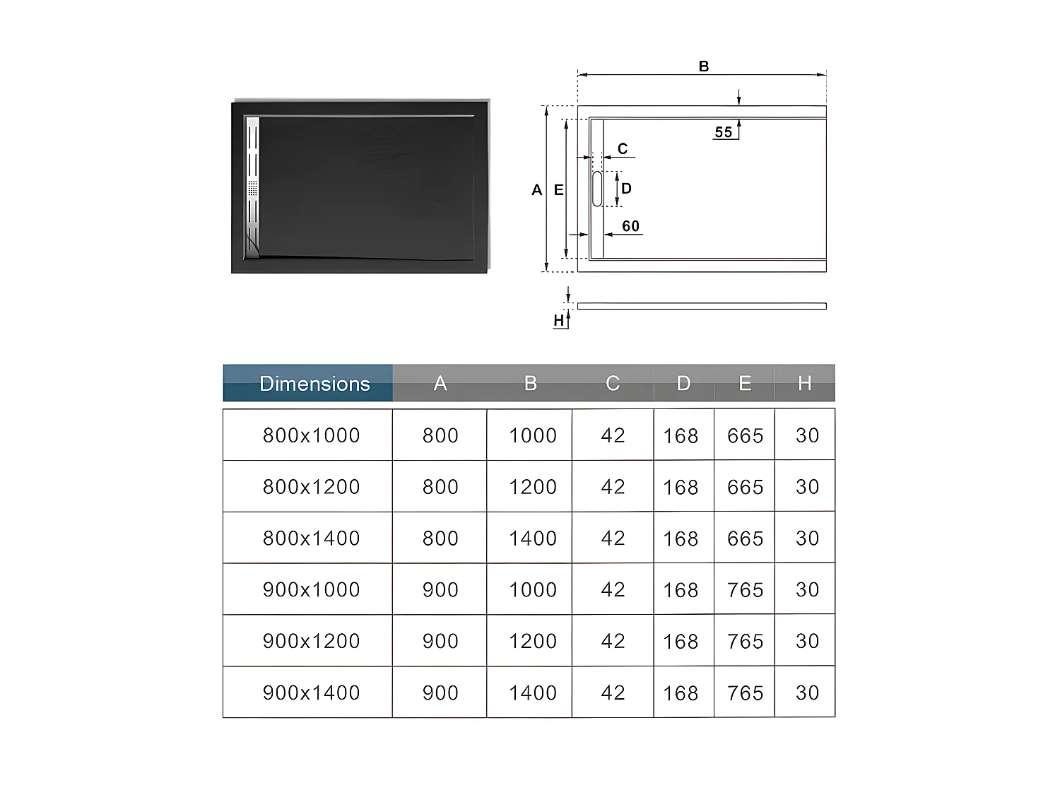 Receveur de douche 140x90cm Extra-plat bac à douche noir, avec grille en inox et bonde de série