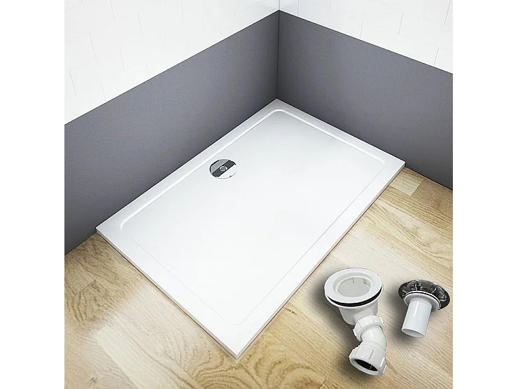 Receveur de douche blanc 80x76x3cm rectangulaire, extra-plat, gel coat, bac à douche anti-dérapant avec bonde de receveur et siphon 90cm