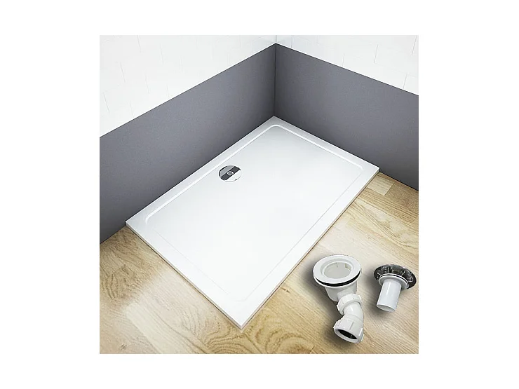 Receveur de douche blanc 80x76x3cm rectangulaire, extra-plat, gel coat, bac à douche anti-dérapant avec bonde de receveur et siphon 90cm