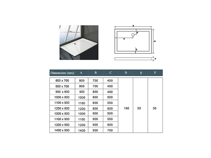 Receveur de douche blanc 150x80x3cm rectangulaire, Extra-plat, gel coat, bac à douche anti-dérapant Modèle Classique