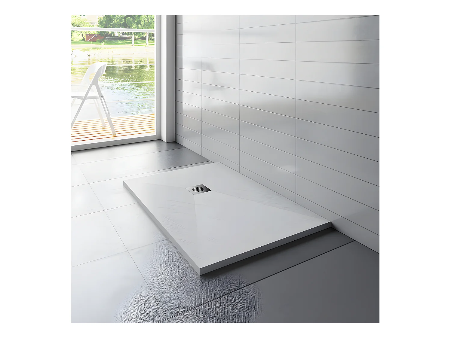 Receveur de douche 100x90cm avec une grille en Inox, bac à douche rectangulaire, Extra-plat, blanc, anti-dérapant