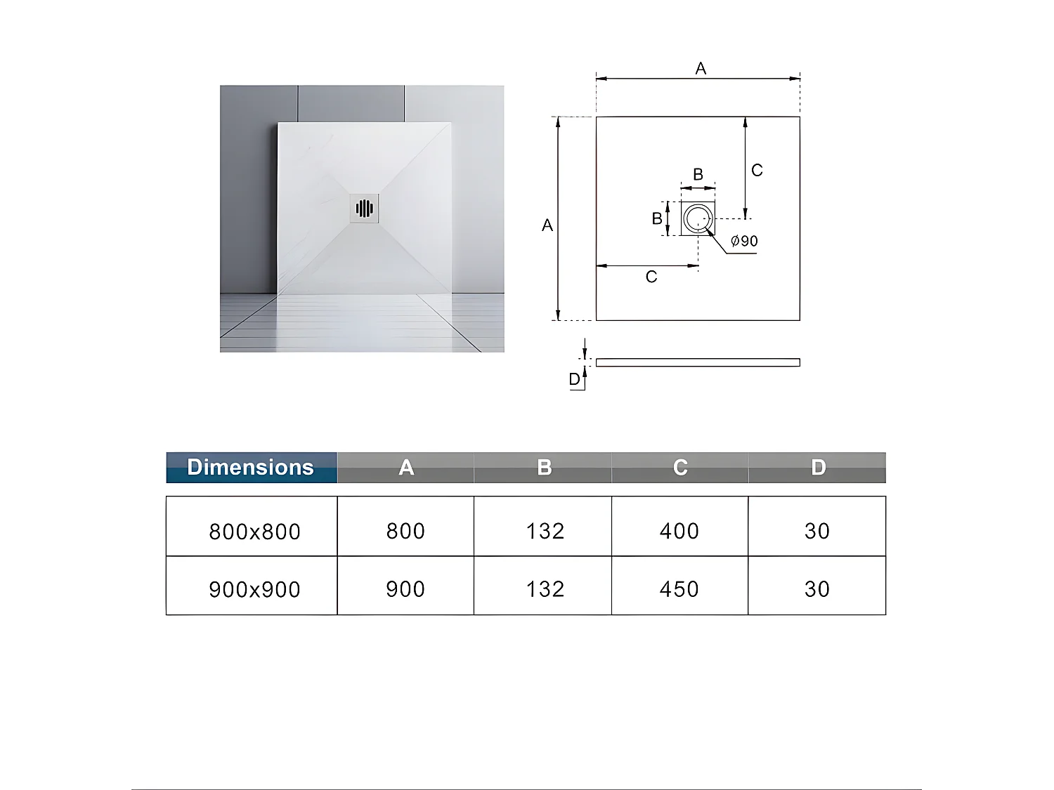 Receveur de douche 90x90cm avec une grille en ABS, bac à douche carré, Extra-plat, blanc, anti-dérapant