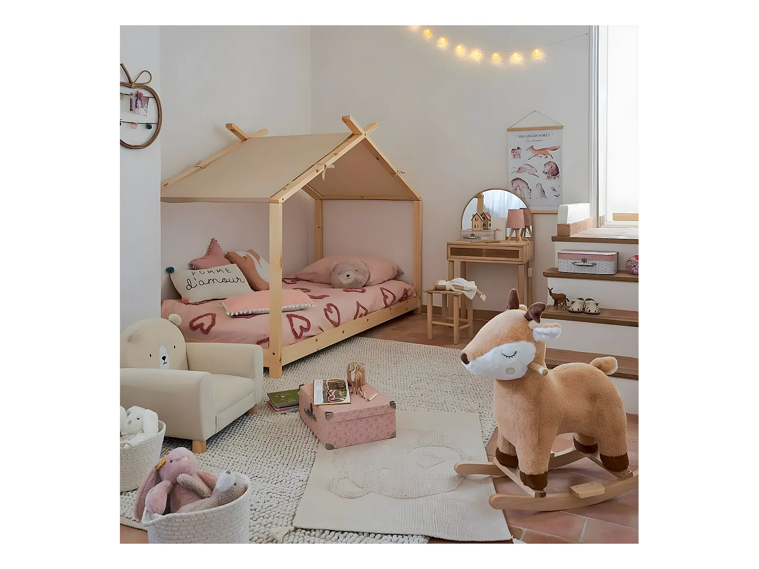 Porte-photos enfant en Rotin avec clips Bambou & Pompons 35 x 30 cm