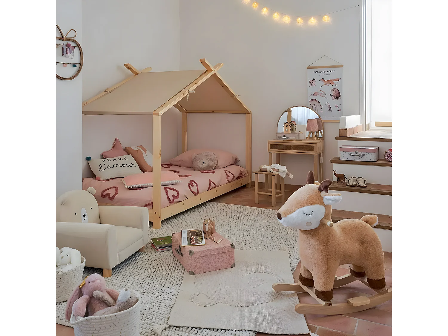 Porte-photos enfant en Rotin avec clips Bambou & Pompons 35 x 30 cm