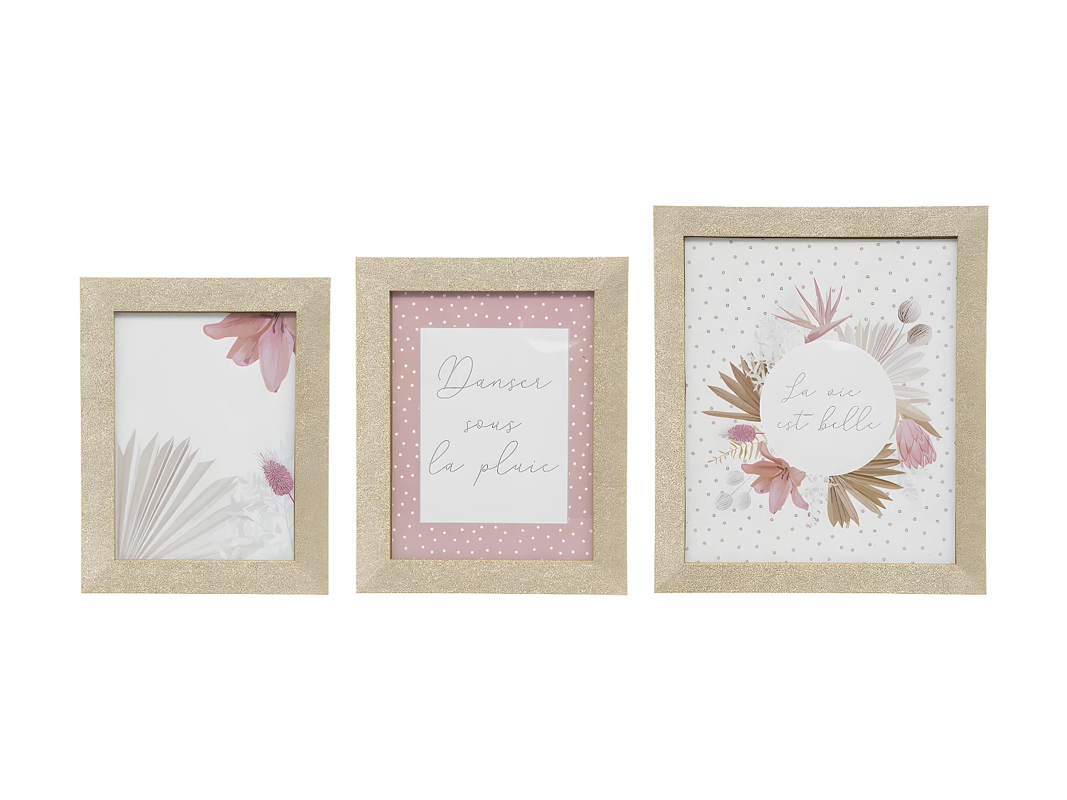 Lot de 3 Cadres Photos en Bois doré pailleté et Verre