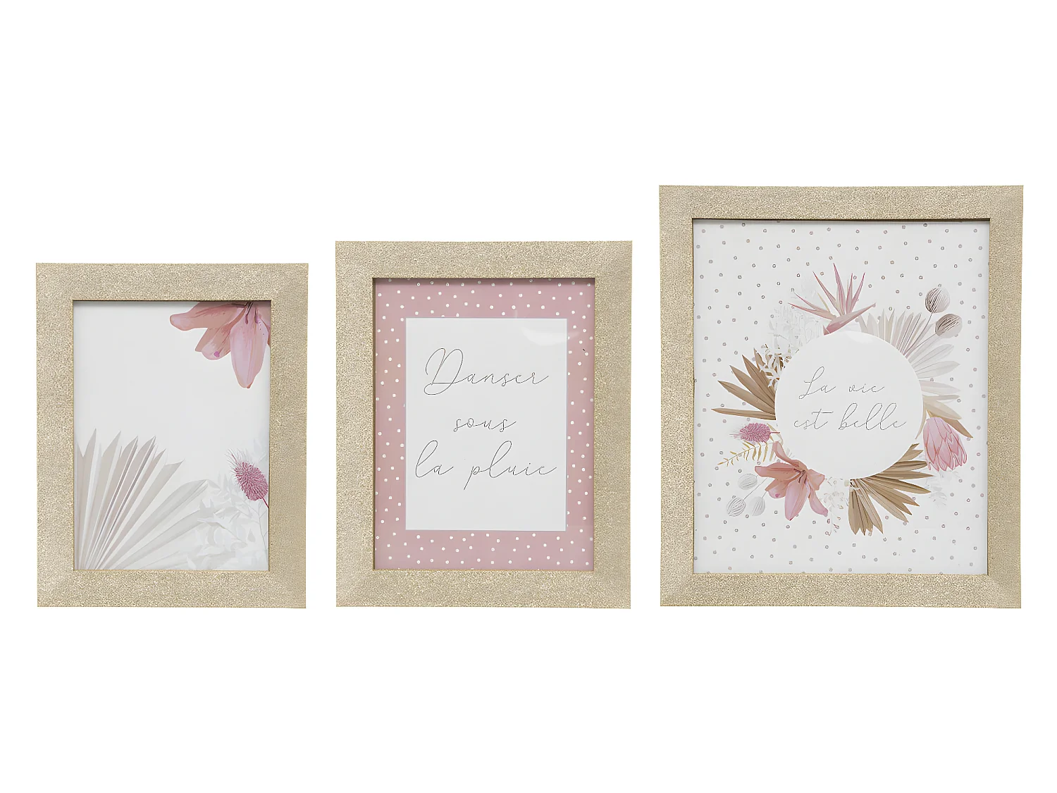 Lot de 3 Cadres Photos en Bois doré pailleté et Verre