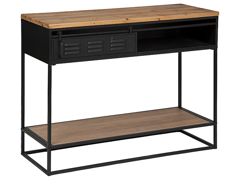 Meuble Console 1 porte en Bois et Métal Noir industriel 110 x 85.5 cm