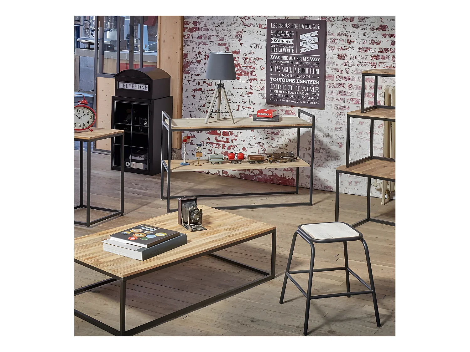 Meuble Console en Bois d'Acacia et Métal Noir H 75 cm