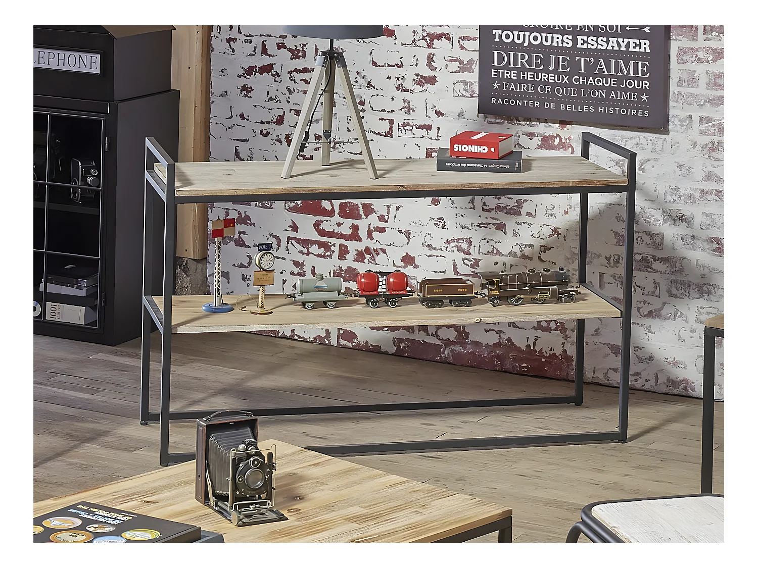 Meuble Console en Bois d'Acacia et Métal Noir H 75 cm