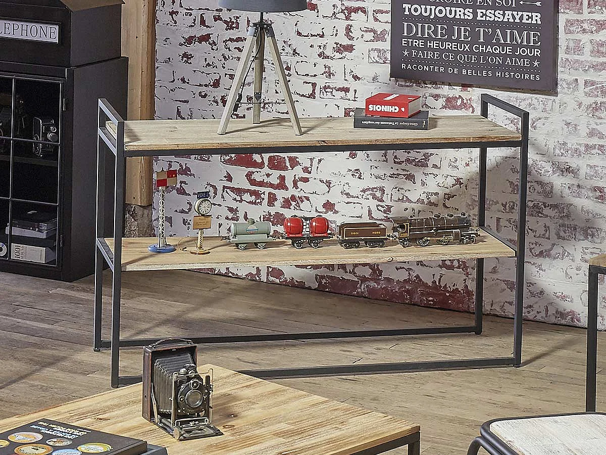 Meuble Console en Bois d'Acacia et Métal Noir H 75 cm