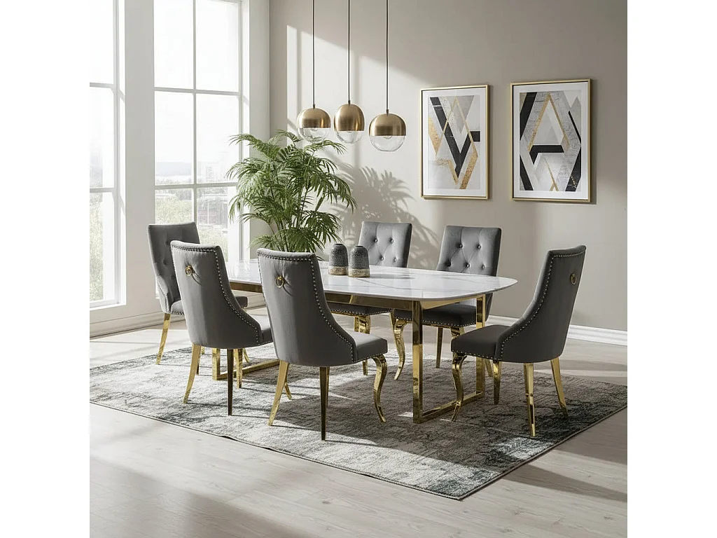 Lot 2 Chaises Salle à Manger Anneau Velours Anthracite Capitonnées Cloutées Pieds Gold