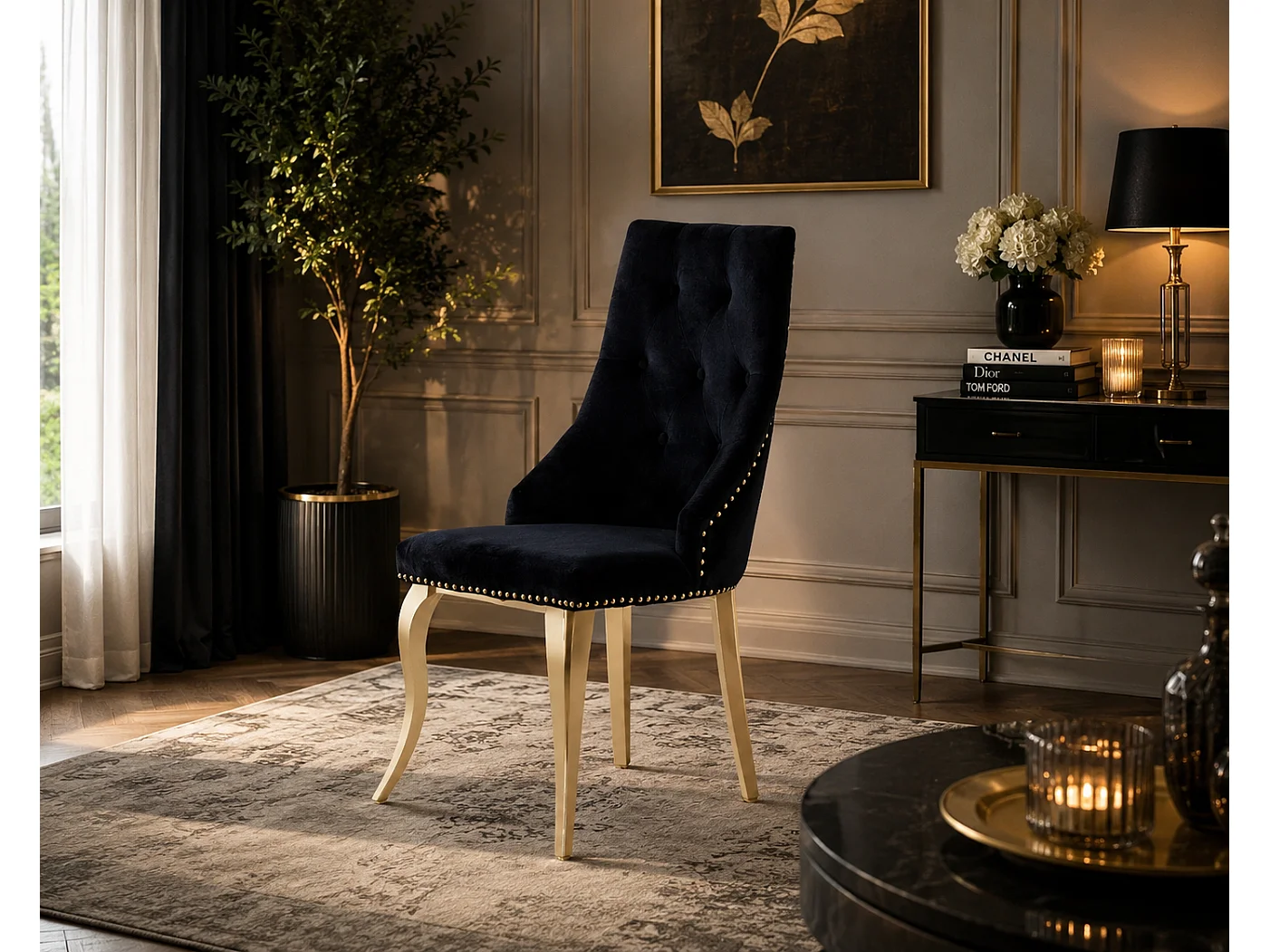 Lot de 2 chaises ANNEAU Capitonnées et Cloutées Gold Velours - Noir