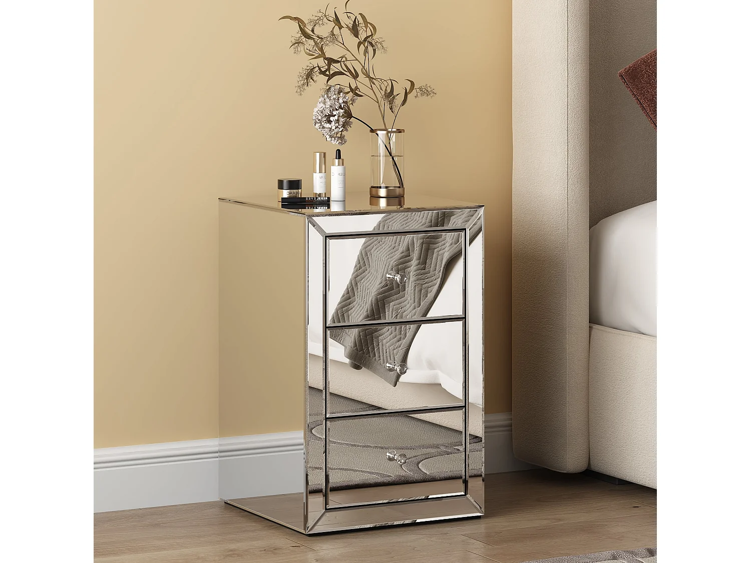 Chevet en verre miroir ADEL avec 3 tiroirs