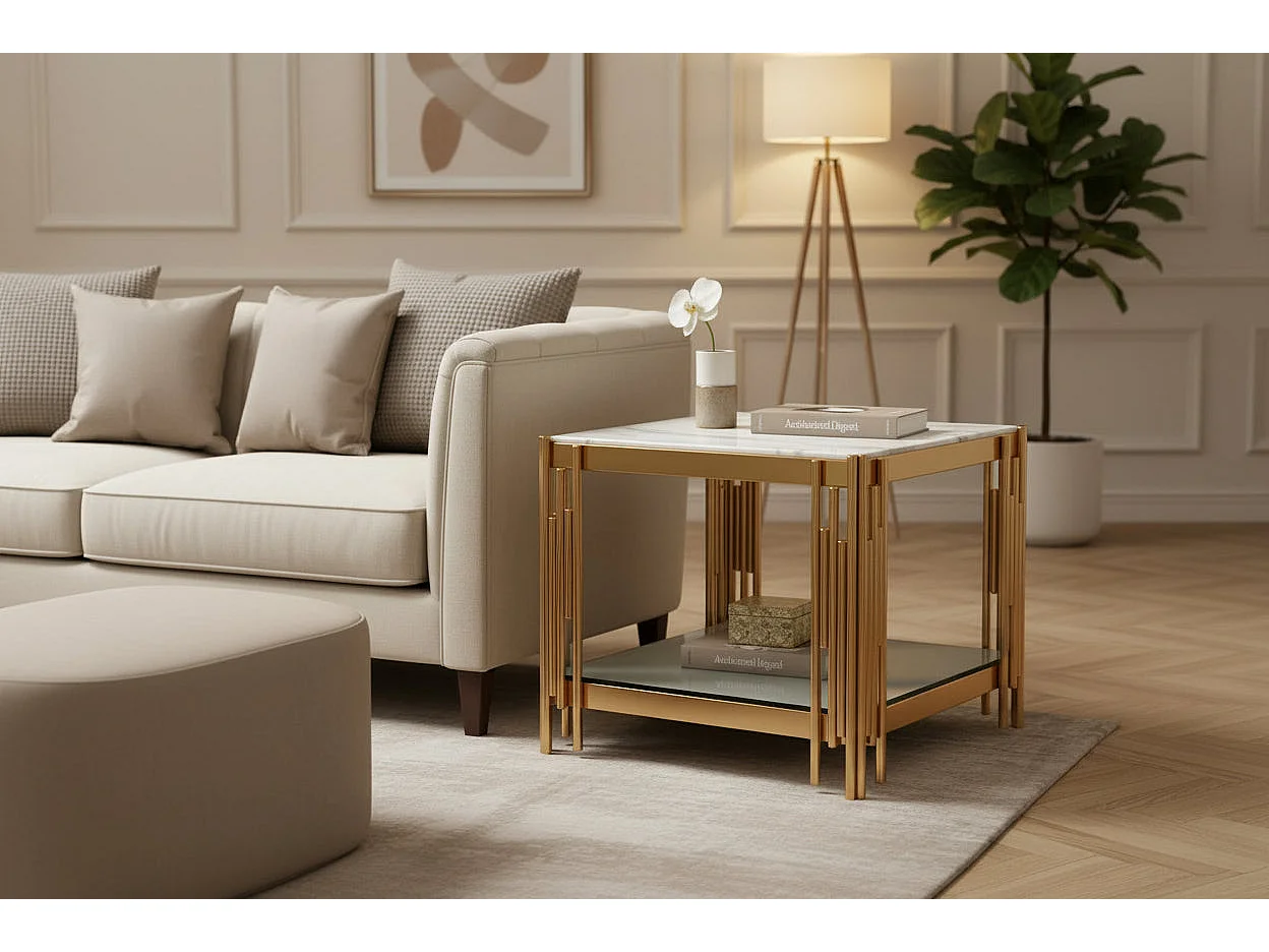Guéridon bout de canapé double plateau marbre blanc doré FLUTE