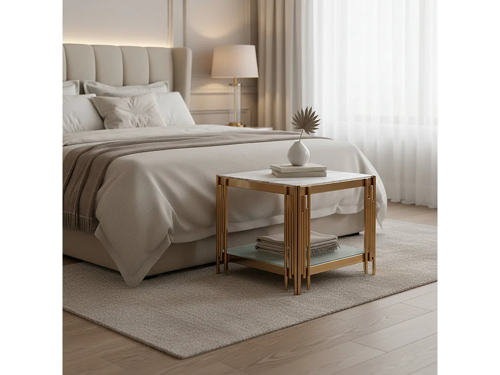 Guéridon bout de canapé double plateau marbre blanc doré FLUTE