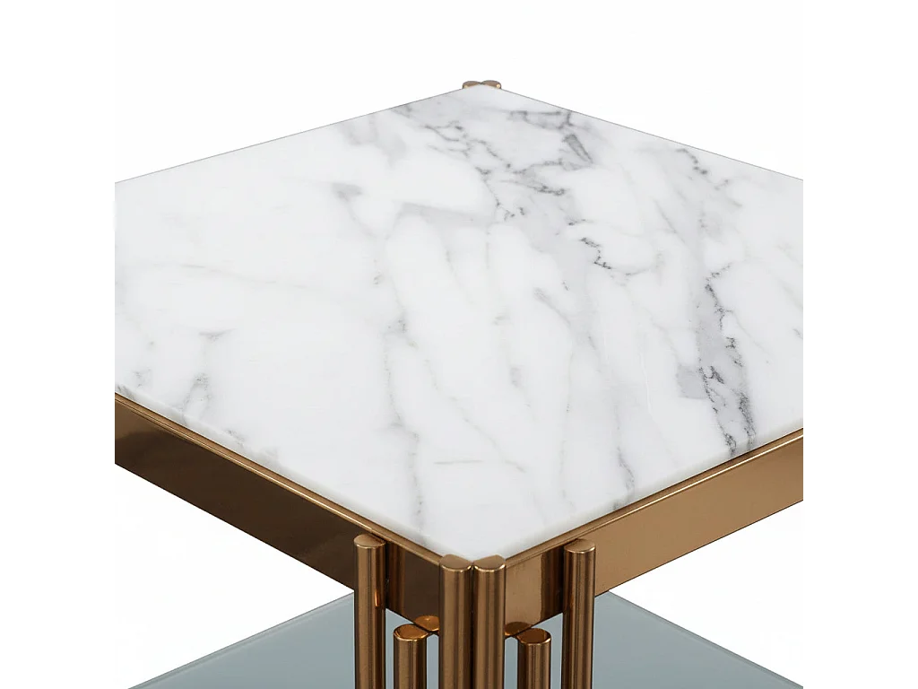 Guéridon bout de canapé double plateau marbre blanc doré FLUTE