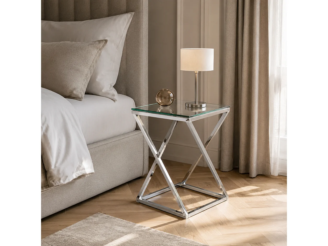 Guéridon BEVERLY – Chrome & Verre transparent – 40x40x55 cm