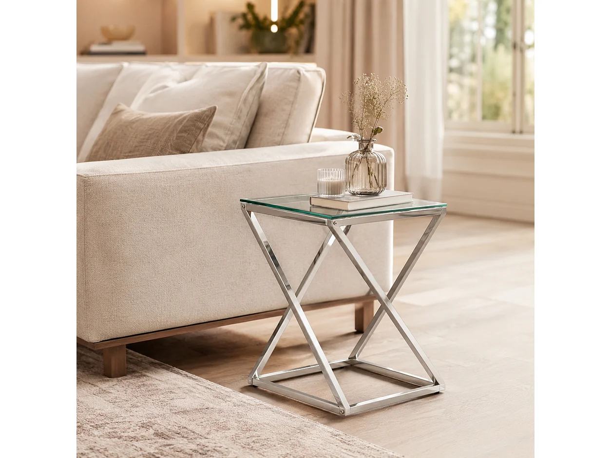 Guéridon BEVERLY – Chrome & Verre transparent – 40x40x55 cm
