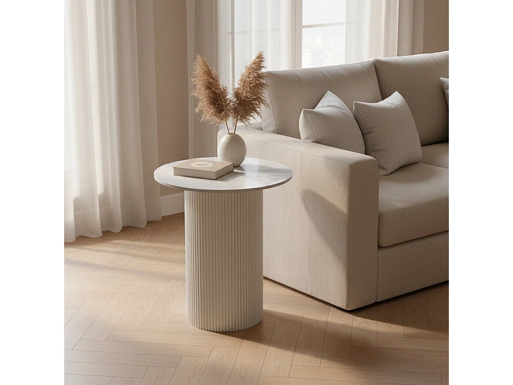 Guéridon bout de canapé rond marbre gris pied blanc