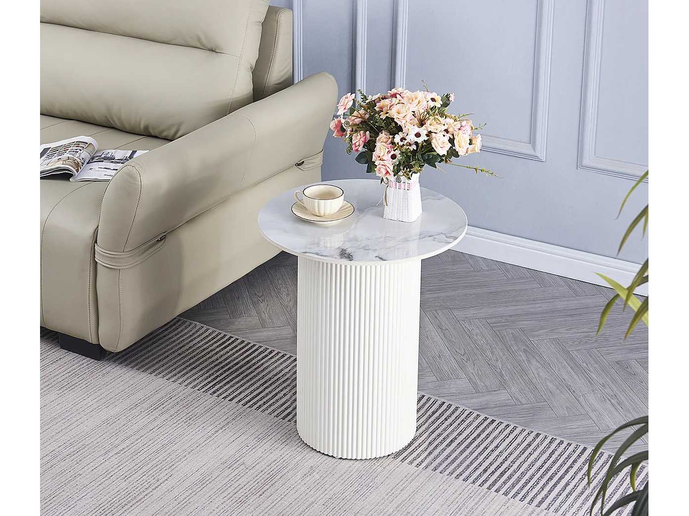 Guéridon bout de canapé rond marbre gris pied blanc